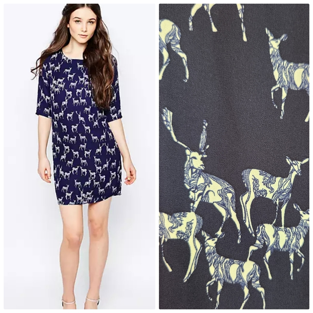 Sugarhill Boutique Stag deer print shift dress mini length navy blue novelty 0